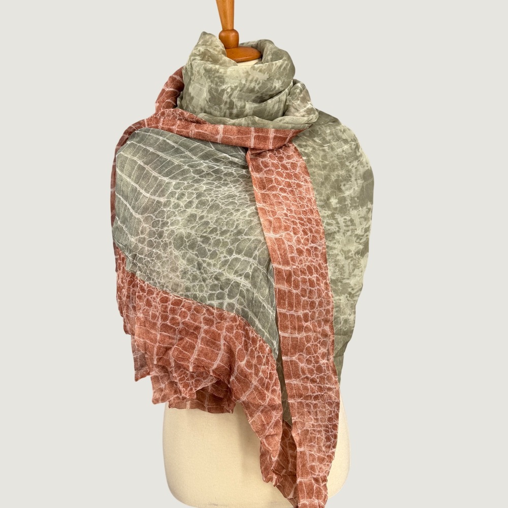 Mantero Italy Silk Scarf Green Rust Sheer Shimmer Oversized Wrap 34x76